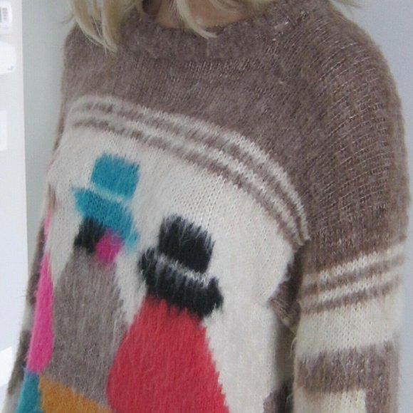 Vintage 80s figurines colourful hand knit aztec folk alpaca sweater GUC - Picture 3 of 14